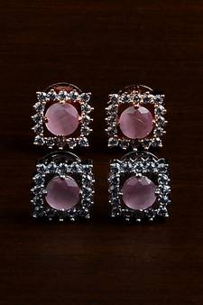 Rhodium and Rose Plated Pink Stone Embellished Two Pairs of American Diamons Studs 216ED431