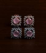 Rhodium and Rose Plated Pink Stone Embellished Two Pairs of American Diamons Studs 216ED431