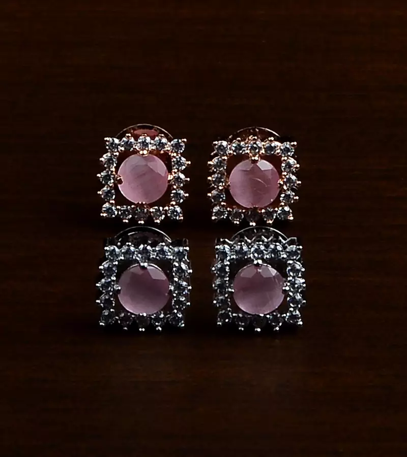 Rhodium and Rose Plated Pink Stone Embellished Two Pairs of American Diamons Studs 216ED431