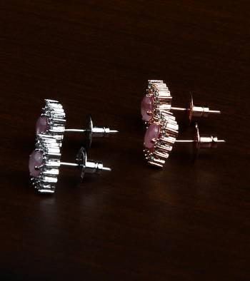 Rhodium and Rose Plated Pink Stone Embellished Two Pairs of American Diamons Studs 216ED431 2
