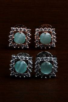 Rhodium and Rose Plated Mint Stone Embellished Two Pairs of American Diamons Studs 216ED432