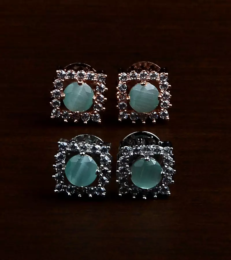 Rhodium and Rose Plated Mint Stone Embellished Two Pairs of American Diamons Studs 216ED432