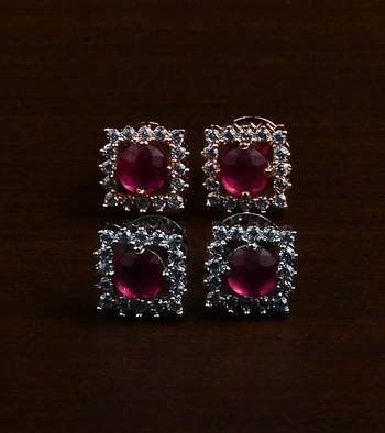 Rhodium and Rose Plated Magenta Stone Embellished Two Pairs of American Diamons Studs 216ED433 1