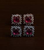 Rhodium and Rose Plated Magenta Stone Embellished Two Pairs of American Diamons Studs 216ED433