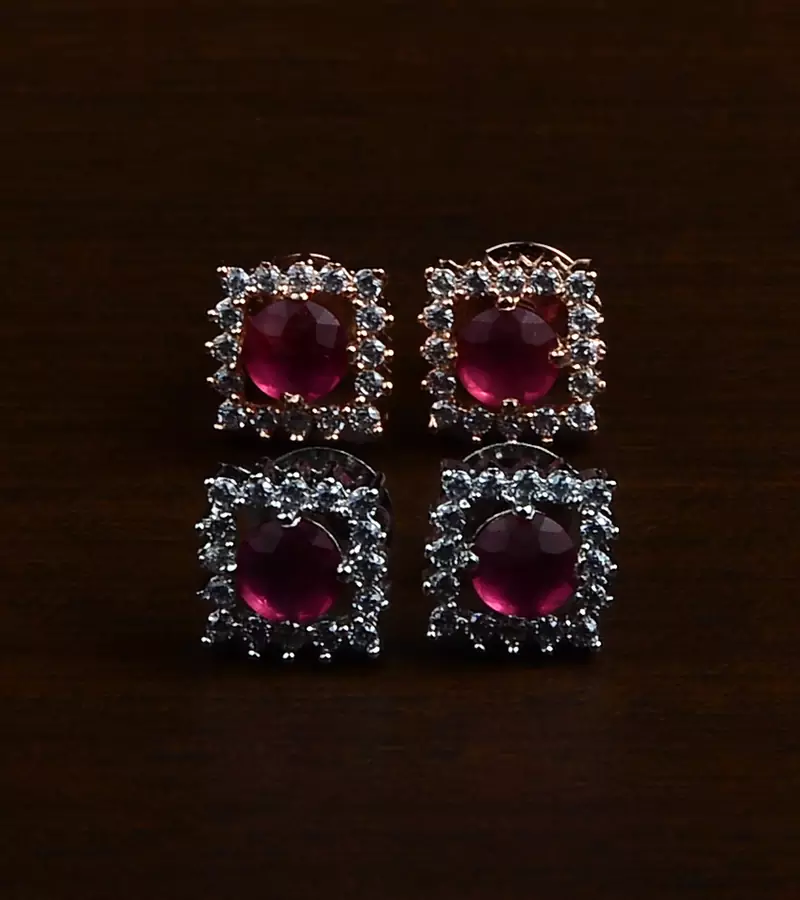 Rhodium and Rose Plated Magenta Stone Embellished Two Pairs of American Diamons Studs 216ED433