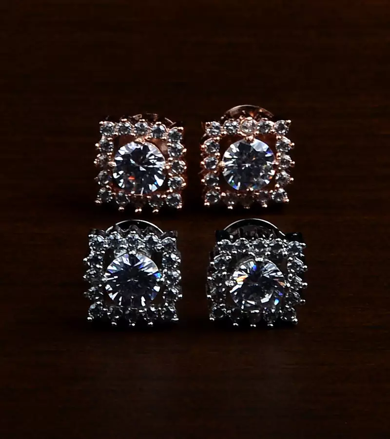 Rhodium and Rose Plated Two Pairs of American Diamons Studs 216ED434