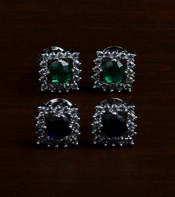 Blue and Green Stone Embellished Rhodium Plated Two Pairs of America Diamond Studs 216ED435 1