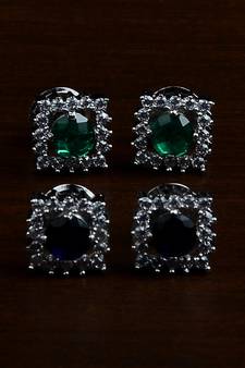 Blue and Green Stone Embellished Rhodium Plated Two Pairs of America Diamond Studs 216ED435