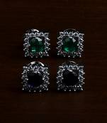 Blue and Green Stone Embellished Rhodium Plated Two Pairs of America Diamond Studs 216ED435