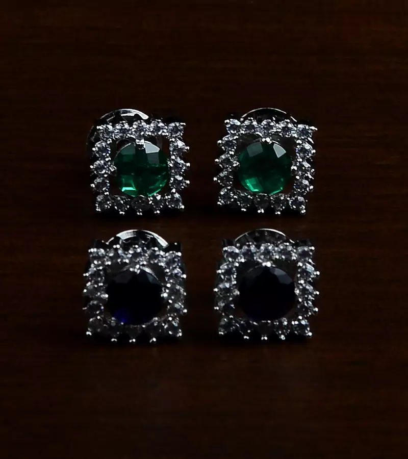 Blue and Green Stone Embellished Rhodium Plated Two Pairs of America Diamond Studs 216ED435