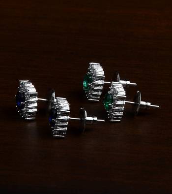 Blue and Green Stone Embellished Rhodium Plated Two Pairs of America Diamond Studs 216ED435 2