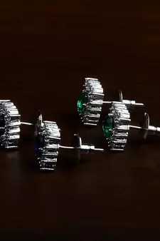Blue and Green Stone Embellished Rhodium Plated Two Pairs of America Diamond Studs 216ED435