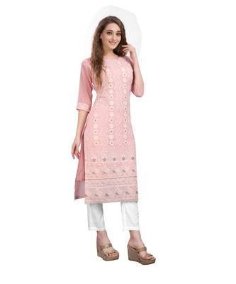 SWAGG INDIA  Wear Lucknow Chikan Needlecraft Cotton Regular Wear Pink Color Kurti Kurta 4