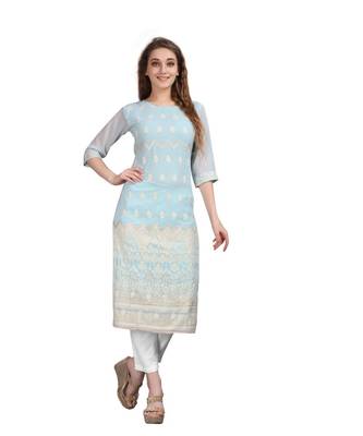 SWAGG INDIA  Wear Lucknow Chikan Needlecraft Faux Georgette Regular Wear Light Sky Blue Color Kurti Kurta 1