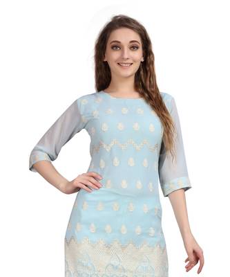 SWAGG INDIA  Wear Lucknow Chikan Needlecraft Faux Georgette Regular Wear Light Sky Blue Color Kurti Kurta 3