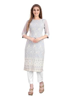 SWAGG INDIA  Wear Lucknow Chikan Needlecraft Faux Georgette Regular Wear Light Grey Color Kurti Kurta 1