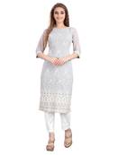 SWAGG INDIA  Wear Lucknow Chikan Needlecraft Faux Georgette Regular Wear Light Grey Color Kurti Kurta