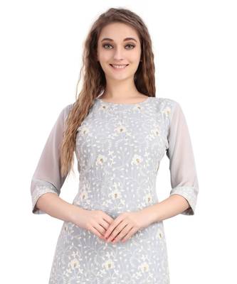SWAGG INDIA  Wear Lucknow Chikan Needlecraft Faux Georgette Regular Wear Light Grey Color Kurti Kurta 3