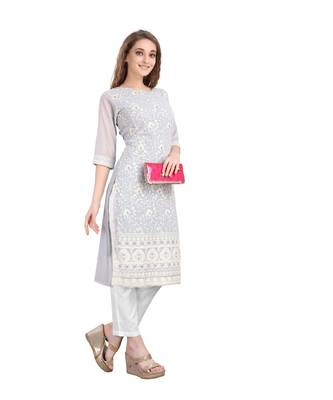 SWAGG INDIA  Wear Lucknow Chikan Needlecraft Faux Georgette Regular Wear Light Grey Color Kurti Kurta 4