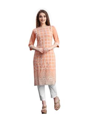 SWAGG INDIA  Wear Lucknow Chikan Needlecraft Faux Georgette Regular Wear Peach Color Kurti Kurta 1