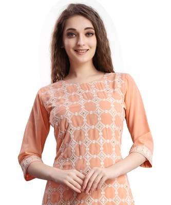 SWAGG INDIA  Wear Lucknow Chikan Needlecraft Faux Georgette Regular Wear Peach Color Kurti Kurta 3