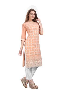 SWAGG INDIA  Wear Lucknow Chikan Needlecraft Faux Georgette Regular Wear Peach Color Kurti Kurta 4