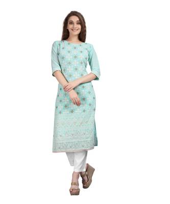 SWAGG INDIA  Wear Lucknow Chikan Needlecraft Faux Georgette Regular Wear Sky Blue Color Kurti Kurta 1