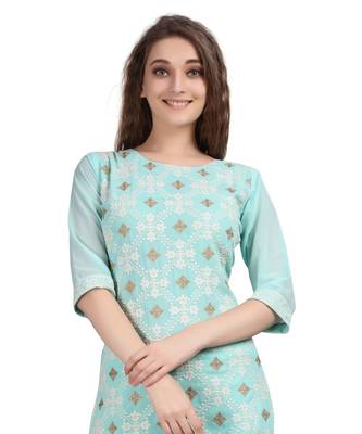 SWAGG INDIA  Wear Lucknow Chikan Needlecraft Faux Georgette Regular Wear Sky Blue Color Kurti Kurta 3