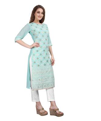 SWAGG INDIA  Wear Lucknow Chikan Needlecraft Faux Georgette Regular Wear Sky Blue Color Kurti Kurta 4