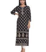 F Women's Rayon Floral Printed Straight Kurta (Black)