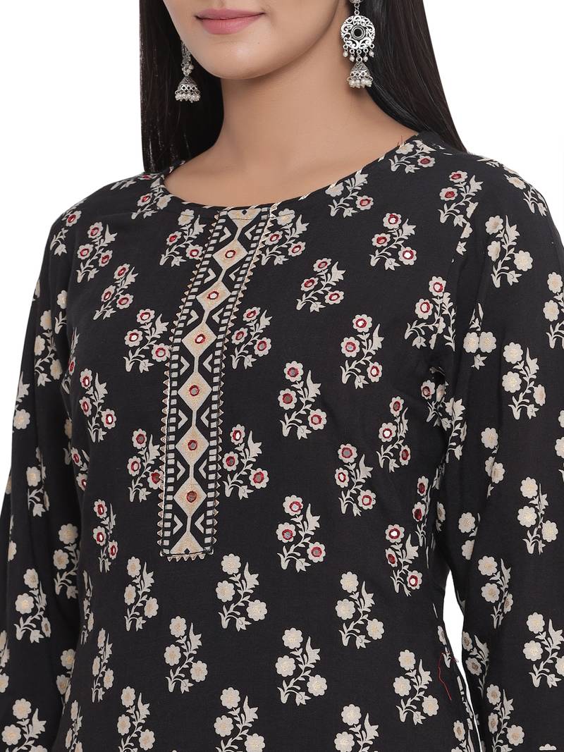 F Women's Rayon Floral Printed Straight Kurta (Black)