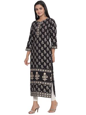 F Women's Rayon Floral Printed Straight Kurta (Black) 3
