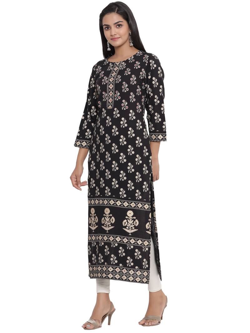 F Women's Rayon Floral Printed Straight Kurta (Black)