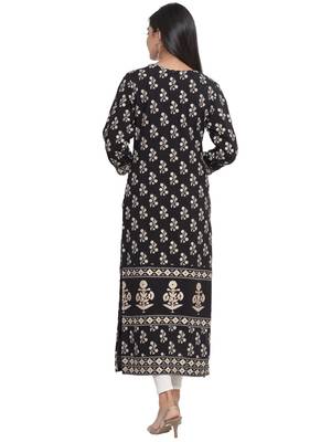 F Women's Rayon Floral Printed Straight Kurta (Black) 4