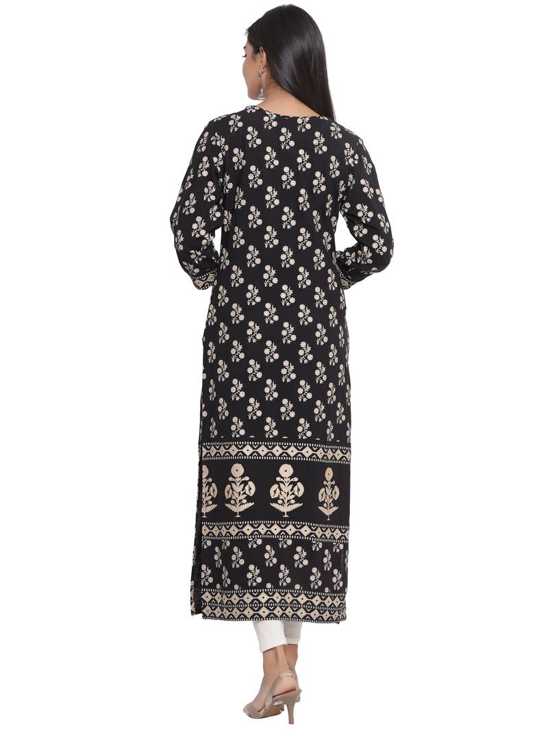F Women's Rayon Floral Printed Straight Kurta (Black)