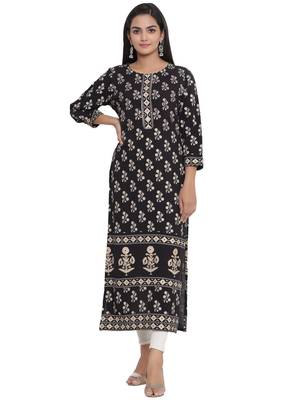 F Women's Rayon Floral Printed Straight Kurta (Black) 5