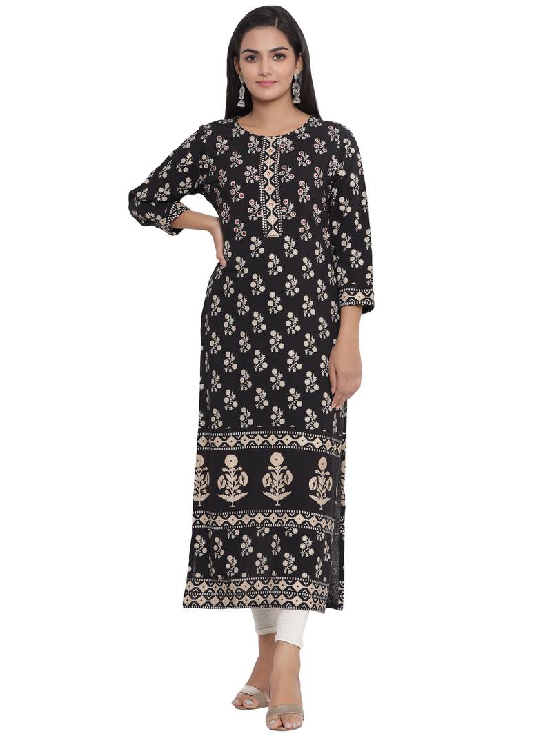 F Women's Rayon Floral Printed Straight Kurta (Black)