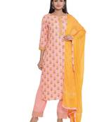 F Women's Cotton and Mulmul Floral Printed Straight Kurta Pant Dupatta Set (Peach)