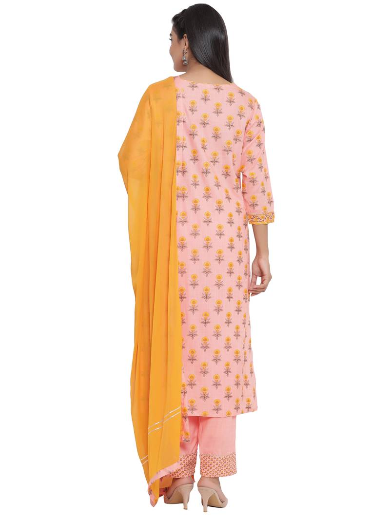 F Women's Cotton and Mulmul Floral Printed Straight Kurta Pant Dupatta Set (Peach)