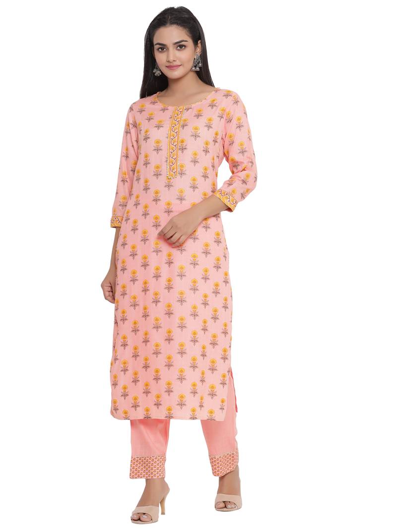 F Women's Cotton and Mulmul Floral Printed Straight Kurta Pant Dupatta Set (Peach)