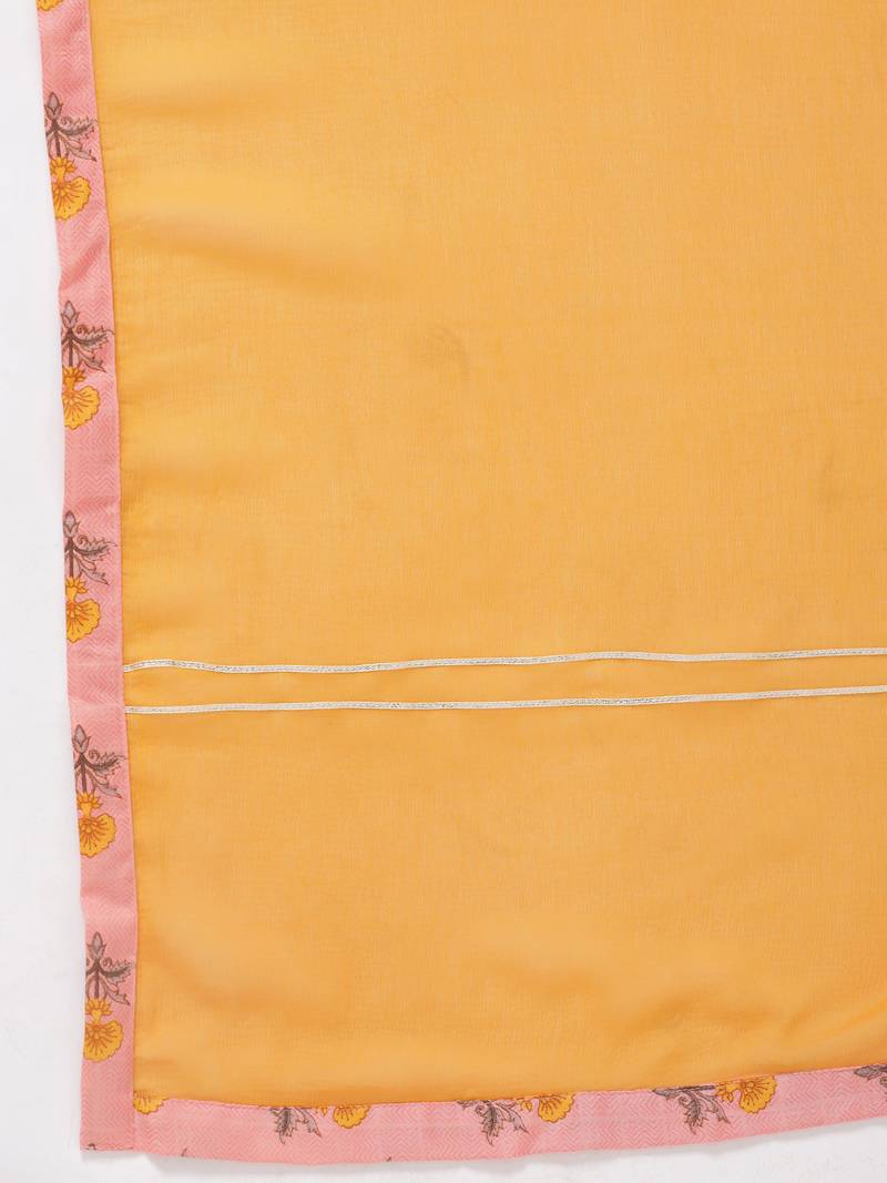 F Women's Cotton and Mulmul Floral Printed Straight Kurta Pant Dupatta Set (Peach)