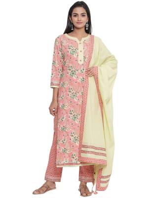 F Women's Cotton Cambric Floral Printed Straight Kurta Pant Dupatta Set (Peach) 1
