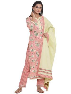 F Women's Cotton Cambric Floral Printed Straight Kurta Pant Dupatta Set (Peach) 3