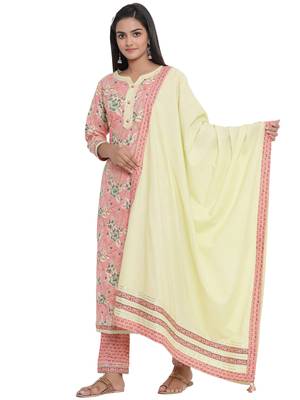 F Women's Cotton Cambric Floral Printed Straight Kurta Pant Dupatta Set (Peach) 4