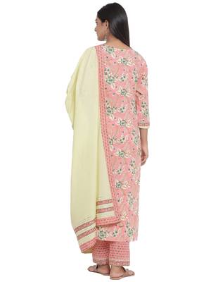 F Women's Cotton Cambric Floral Printed Straight Kurta Pant Dupatta Set (Peach) 5
