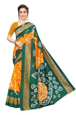 Mustard printed art silk saree with blouse 1