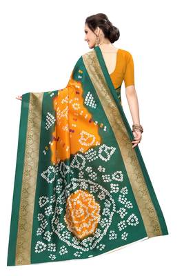 Mustard printed art silk saree with blouse 4