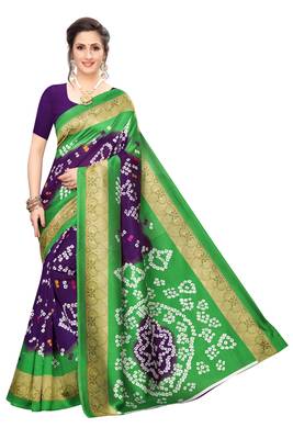 Green printed art silk saree with blouse 1