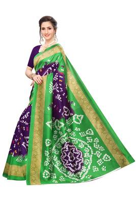 Green printed art silk saree with blouse 2