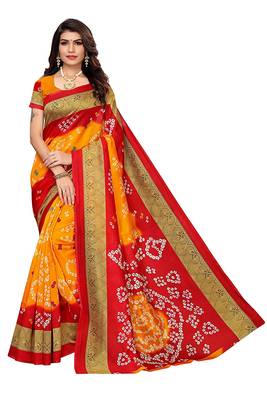 Yellow printed art silk saree with blouse 1